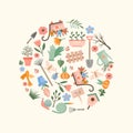 Gardening circle. summer elements in round form vector stylized background