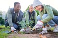 Gardening, community service and people volunteering in park, garden and nature for sustainability. Climate change