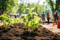 Gardening, community service and people volunteering in park, garden and nature for sustainability