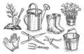 Gardening concept. Hand drawn garden items set in sketch style. Vintage vector illustration