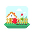 Gardening concept vector, village home and garden with flowers landscape Royalty Free Stock Photo