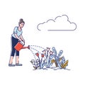 Gardening Concept. Woman Is Gardening, Watering Beautiful Flowers With Watering Can