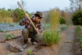 Gardening concept a young farmer shoveling the dirt around the plants to let oxygen get through the roots easily