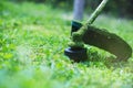 Gardening. Cutting the lawn with cordless grass trimmer, edger