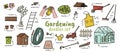 Gardening doodles set hand drawn cartoon style vector illustration. Gardening tools. Garden work essentials