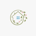 Gardening elegant logo landscape design logotype, chalet abstract icon. Leaves and fruit around house farming, eco house
