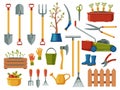 Gardening equipment. Abstract cartoon garden tools with pitchfork spade watering can trowel gloves shovel rake Royalty Free Stock Photo