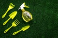 Gardening equipment concept on green grass background top view copy space Royalty Free Stock Photo