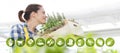 Gardening equipment e-commerce icons, smiling woman smell aromatic spice herbs on white background, spring garden