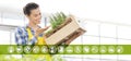 Gardening equipment e-commerce icons, smiling woman with wooden box full of spice herbs on white background, spring garden