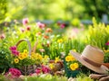 Gardening equipment and a hat on a flower garden lawn