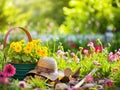 Gardening equipment and a hat on a flower garden lawn