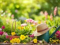 Gardening equipment and a hat on a flower garden lawn