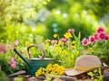 Gardening equipment and a hat on a flower garden lawn