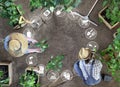 Gardening equipment icons, man and woman together work in the vegetable garden, place a plant in the ground, top view from above