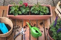 Gardening equipment on wooden table