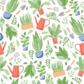 Gardening and farming seamless pattern. Green plants in pots, garden tools, watering can, and leaves vector flat