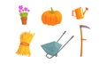 Gardening and Farming Tools Set, Watering Can, Shovel, Flowerpot, Pumpkin, Wheelbarrow Cartoon Vector Illustration Royalty Free Stock Photo