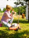 Woman being mowing lawn with lawnmower Royalty Free Stock Photo