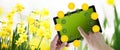 Gardening and flowers e-commerce concept, online shopping on digital tablet, hand pointing and touch screen with green empty icons