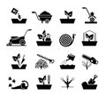 Gardening and flowers icons. Hosepipe lawnmower, wheelbarrow shovel tools vector signs