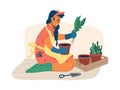 Gardening girl admire flowers, flowerpots, leaves