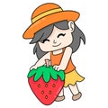 Gardening girl harvesting giant strawberries, doodle icon image kawaii