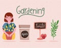 gardening girl with plant sign and tomatoes cartoon