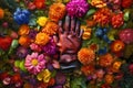 A gardening glove finds its place amidst a sea of vibrant blossoms (Generative AI)