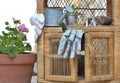 Gardening gloves and other accessories on a little outdoor wicker furniture