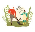 Gardening, grandfather and granddaughter girl planting tree, ecology, green planet, growing trees, harvesting cartoon