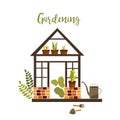 Gardening, green house with plants isolated composition, caring for sprouts, hobby flat cartoon vector illustration.