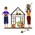 Gardening, green house with plants and kids isolated composition, boy and girl caring for sprouts, hobby cartoon vector