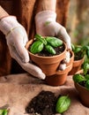 Gardening hands nurture fresh basil seedlings in terracotta pots outdoors