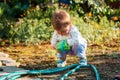 Gardening and harvesting. A cute baby girl is playing with a plastic toy bucket in the backyard. Outdoor Royalty Free Stock Photo