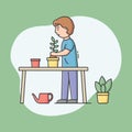 Gardening Hobby Concept. Male Character Is Gardening, Planting And Watering Flowers In Pots. Gardener Is Working Outdoor
