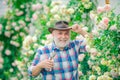Gardening hobby. Gardener cutting flowers in his garden. Flower care and watering. Bearded man farmer in the park with