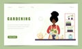 Gardening hobby website landing page. African woman replanting seedlings in orangery. Vector illustration in flat