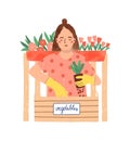 Gardening, horticulture flat vector illustration. Female gardener planting vegetables cartoon character. Home growing