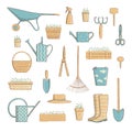 Gardening icon set. Collection of useful horticulture tools spade, hat etc. cartoon vintage style, vector illustration.