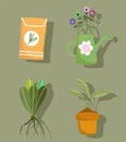gardening icon set watering can plants and pack seeds hand drawn color Royalty Free Stock Photo