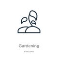Gardening icon. Thin linear gardening outline icon isolated on white background from free time collection. Line vector gardening