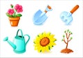 Gardening icons set - Flower pot, shovel, rake, watering can, sunflowers and seedling tree - icons for web and mobile Royalty Free Stock Photo