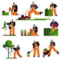Gardening isolated icons, gardener with water can and lawn mower
