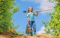 Gardening. kid worker sunny outdoor. family bonding. spring country side village. future success. little girl on rancho Royalty Free Stock Photo