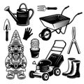 Gardening, landscaping and garden gnome set of vector objects or design elements in vintage monochrome style isolated on Royalty Free Stock Photo