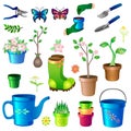 Gardening - a large vector full-color set on the theme of spring gardening. Equipment, tools, seedlings and seeds. Seedlings in po