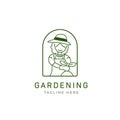 Gardening lawn care company store logo with curly hair women planting monoline style illustration vector icon logo