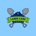 Gardening lawn care company vector logo badge with shield and shovel