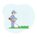 Gardening And Leisure Concept. Male Character Gardening, Mowing Lawn With Lawn Mover. Man Is Working Outdoors At Home On